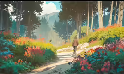 a painting shows a man walking down a path in a forrest