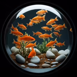 several orange fish in a clear bowl on gravel