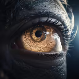 an orange eyes and brown lashes are visible