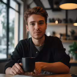 a man is sitting at a table with a coffee cup