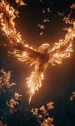 a bird made out of fire with its wings spread wide
