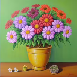 flowers in a vase painted by hand on a green wall,a painting of a vase full of colorful flowers