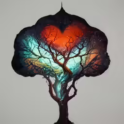 a glass artwork depicts a tree with colorful lights inside