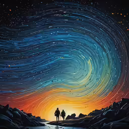 two people with their backs to each other and the sky is in orange, blue, and yellow