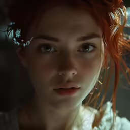 a portrait of an red headed woman with a freckled top