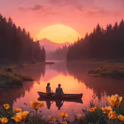 a couple sits in a boat as the sun sets,the couple is sitting in their small boat on the lake