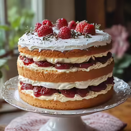 a cake on a plate with frosting and raspberries