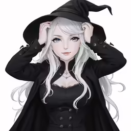 the character that looks like a woman with white hair, dressed in a black outfit and hat