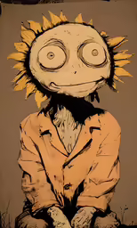 a stylized drawing of a creepy man in front of a brown wall