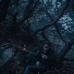 the boy in the forest looking at the smart phone