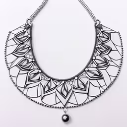 a piece of art is shown on display,the collar has an interesting design in black and white,silver necklace on white background with a bead hanging from it,a silver necklace with metal details and a tassel hanging from it,a very big nice necklace made up of metal pieces