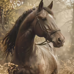 a brown horse in a field surrounded by trees