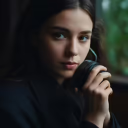 a young woman holding a camera in her right hand