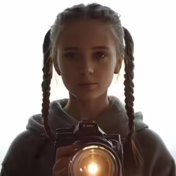 young girl with pigtails holding a camera