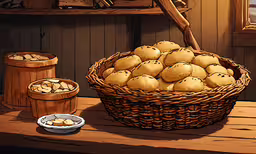 some small wooden baskets and bowls of food on a table,a wicker basket with lots of yellow doughnuts on a wooden shelf