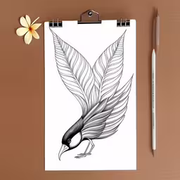 a drawing with a black and white bird on it,a drawing of a bird on paper next to a pen and flower