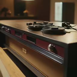 an old time radio sits on a brown table
