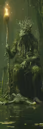 a man with long hair sitting in the water next to a pole,a mossy monster with a glowing light is sitting on a pond