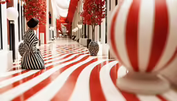 a woman sits alone on a large white and red floor