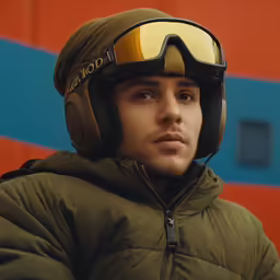 a man wearing goggles and a jacket with an hood on is wearing goggles