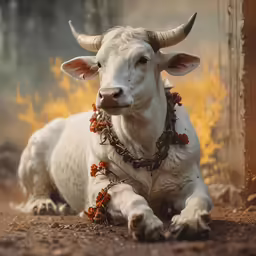 a bull laying down wearing a choket with gold chains