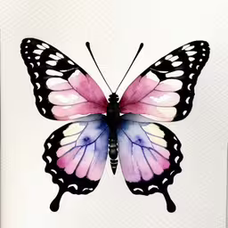 butterfly watercolor painting by person,a watercolor drawing of a butterfly with pink and white wings,a black and pink butterfly with white background,watercolor butterfly painting on canvas, art work on canvas,a watercolor painting of a butterfly with wings spread out