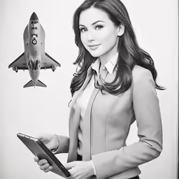 woman in business suit looking at a tablet