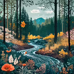 a beautiful landscape painted in black and white,colorful autumn landscape showing forest and road