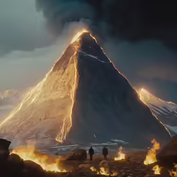 there are people standing on a mountain with fire coming out of it