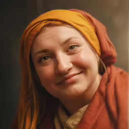 a woman with bright orange scarf over her head