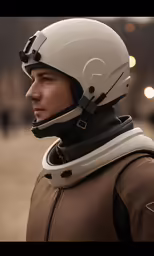 a man wearing a helmet is outside with lights behind him