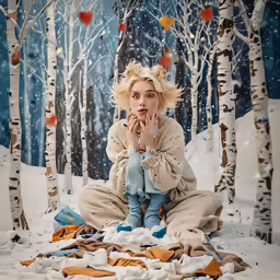 a young woman sitting on the ground with her hands to her mouth