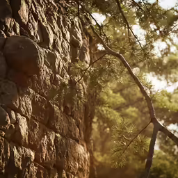 a brick wall with a tree growing through it