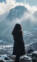 the woman in black coat standing on rocks next to snow