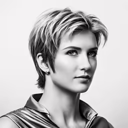 a woman with blonde hair wearing a leather dress