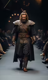 a man in a full armor outfit walks on the runway