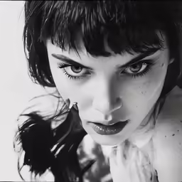 the woman has very long bangs and looks serious
