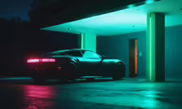 a car parked outside of a motel in the dark