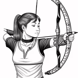 an illustrated image of a woman aiming a bow at a target,a woman that is holding a bow and looking down at something,a woman is holding a bow and aiming a bow,a woman aiming an arrow with a bow,a girl is holding a bow and arrow