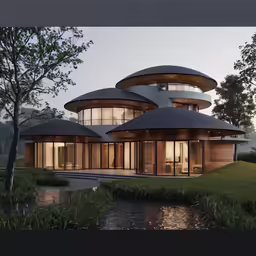 a building with a lot of windows near some water