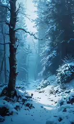 a pathway in a snowy forest with lots of trees
