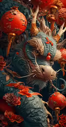 a red background with decorations hanging from it