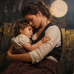 the woman is hugging the small child in her arms