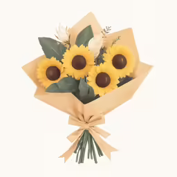 a bunch of yellow sunflowers with leaves on top