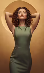 a woman with long hair is wearing a green dress