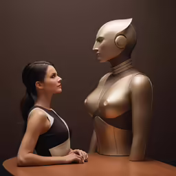 a woman sitting with a robot standing in front of her