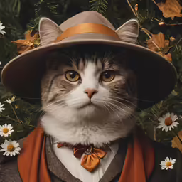 a cat with an orange ribbon wearing a brown suit and a cowboy hat