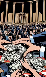 the image shows a huge crowd of people with one hand reaching out to a pile of dollars