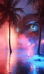 palm trees are seen in front of a blue, red and orange light