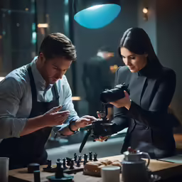 a man and woman look at their camera